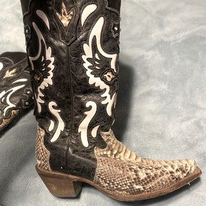 Corral cowgirl boot, black, white and brown snake skin toes